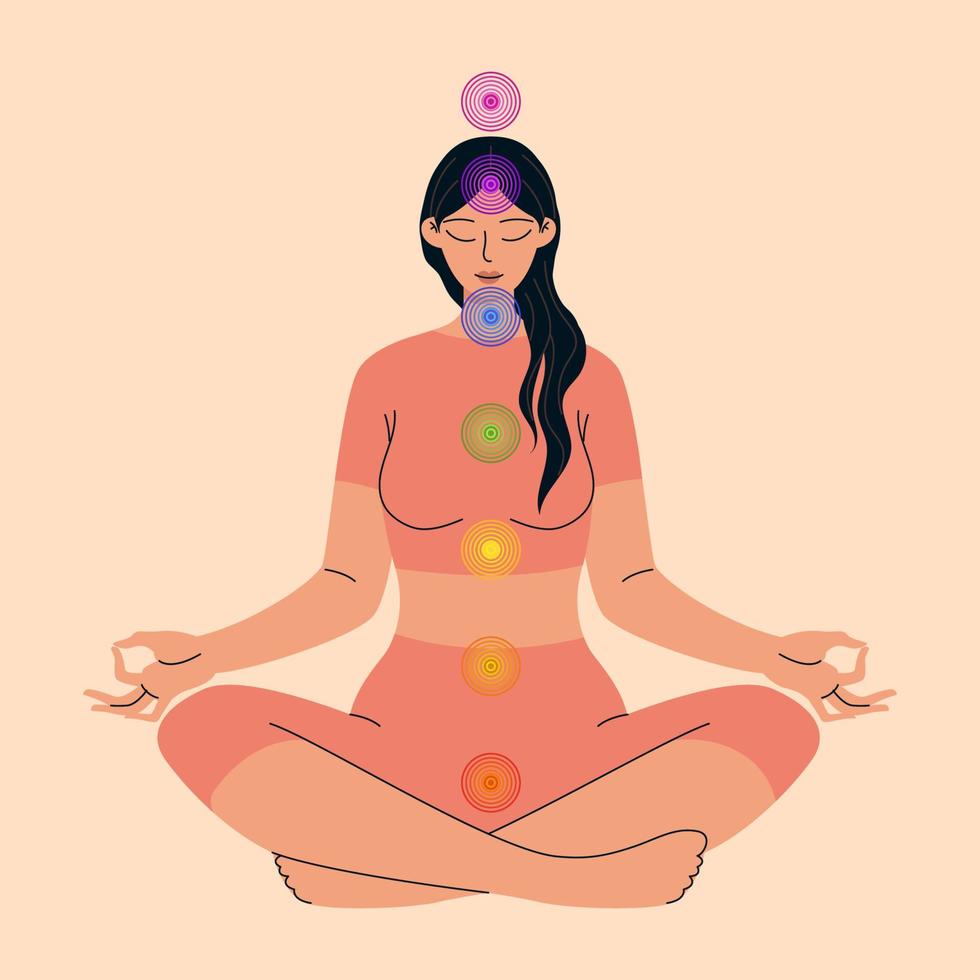sete chacras. energia reiki. a mulher está sentada na posição de lótus e meditando. ilustração vetorial de auto-terapia isolada. vetor