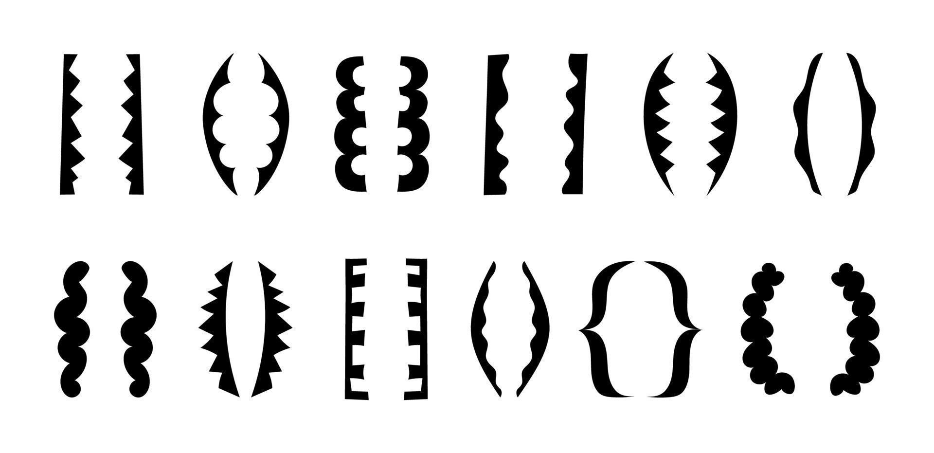 silhueta de suportes decorativos. um conjunto de vários quadros de texto desenhados à mão. símbolos de texto caprichosos isolados. ilustração em vetor de coleção de sinais de pontuação.
