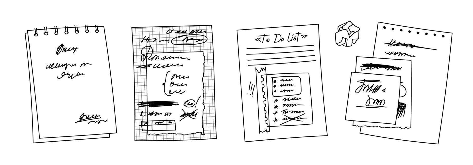cadernos em espiral desenhados à mão, folhas de caderno quadriculadas. listas de verificação cobertas com notas. texto abstrato escrito em pedaços de papel variados. ilustração vetorial de folhas tachadas e papel amassado vetor