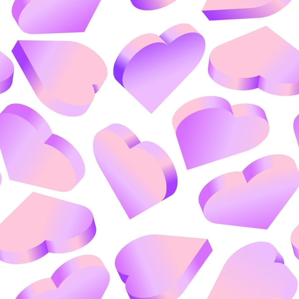 de fundo vector com corações 3d. sem costura padrão com corações isométricos com gradiente de cores rosa e violeta. design para cartão de felicitações, fundo de férias, banner.