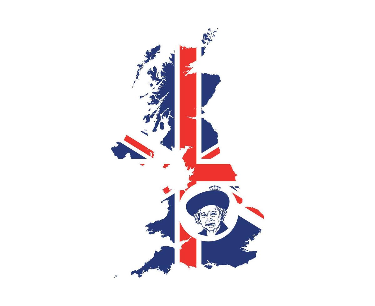 rainha elizabeth rosto retrato azul com britânico reino unido bandeira mapa nacional europa emblema ícone ilustração vetorial elemento de design abstrato vetor