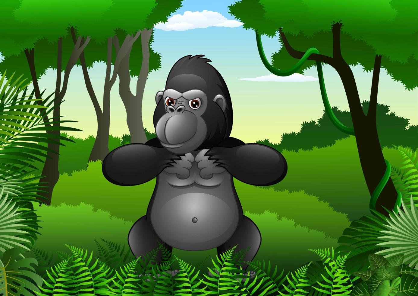 gorila de desenho animado na floresta tropical espessa vetor