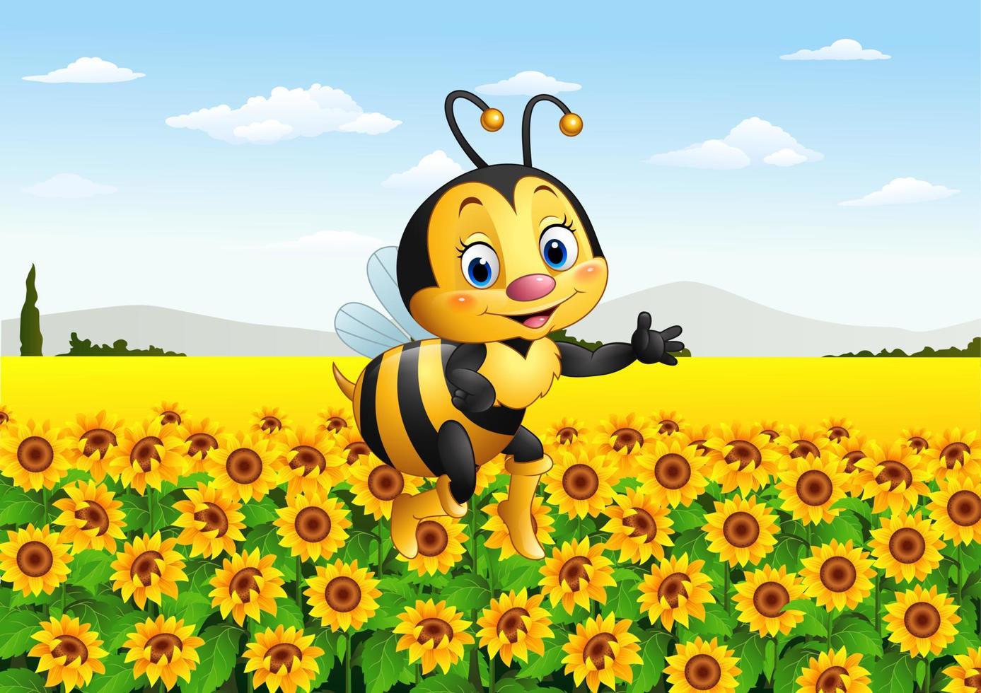 abelha de desenho animado no campo de girassol vetor