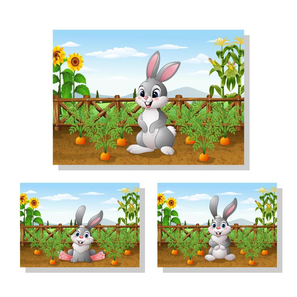 coelho de desenho animado com planta de cenoura no conjunto de coleções de jardim vetor