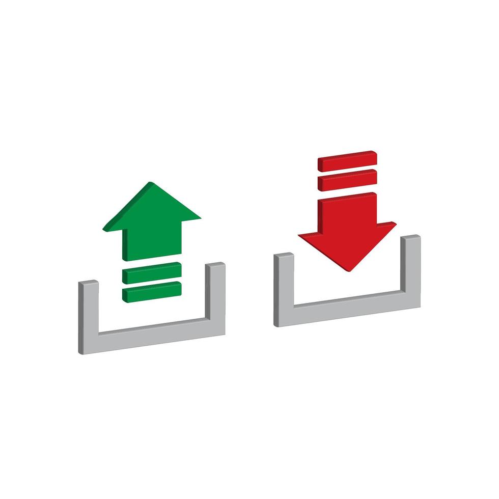 ilustração em vetor de ícones 3d de símbolos de upload e download, setas para cima e para baixo, cores vermelhas e verdes.