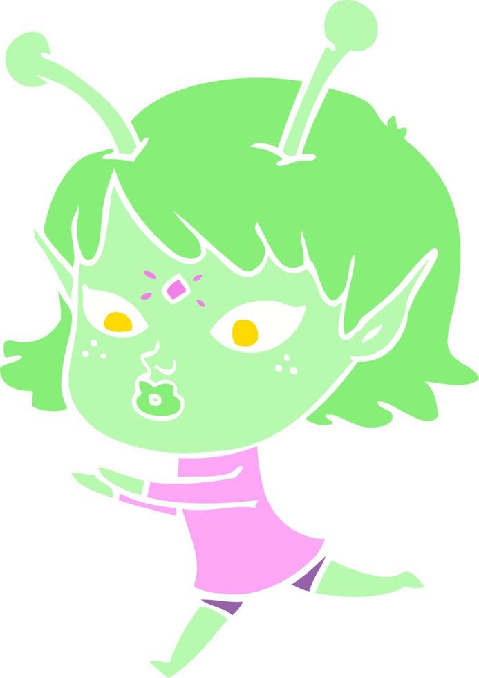 garota alienígena de desenho animado de estilo de cor muito plana vetor