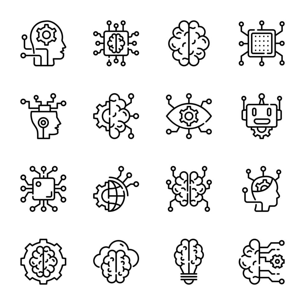 pacote de ícones de contorno de inteligência artificial vetor