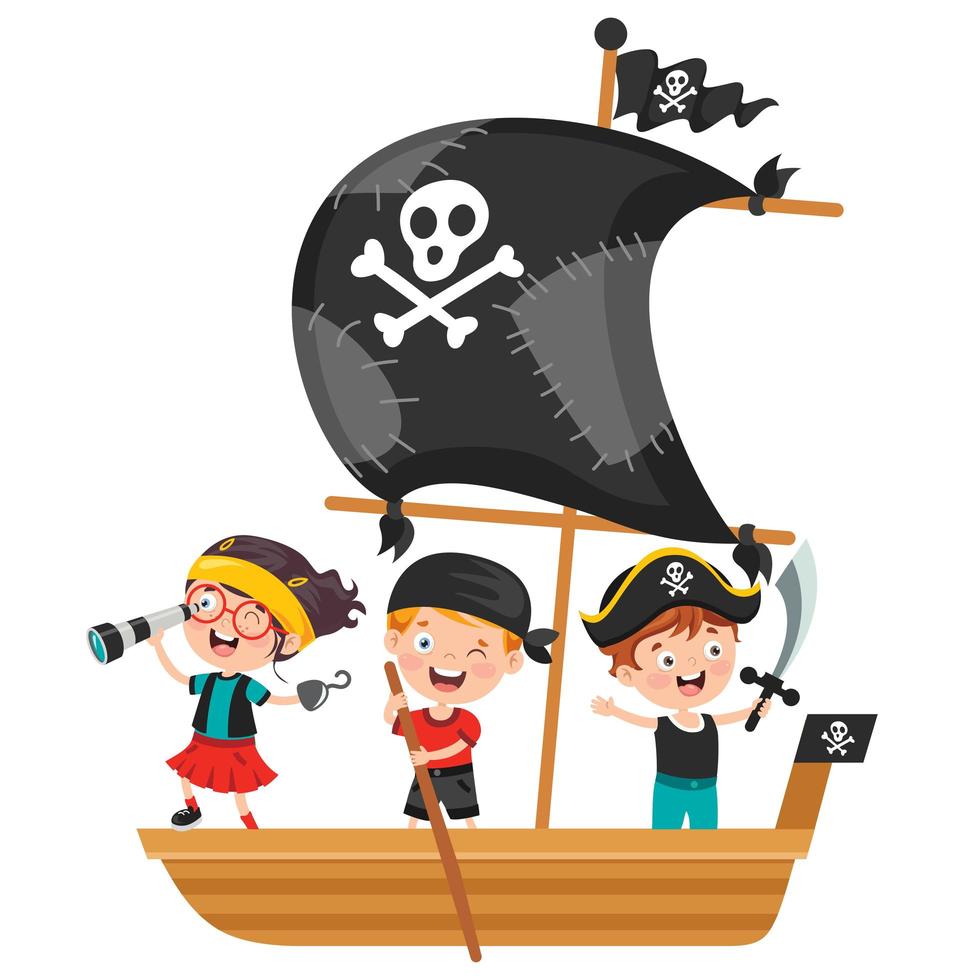 piratas de garoto posando no barco vetor
