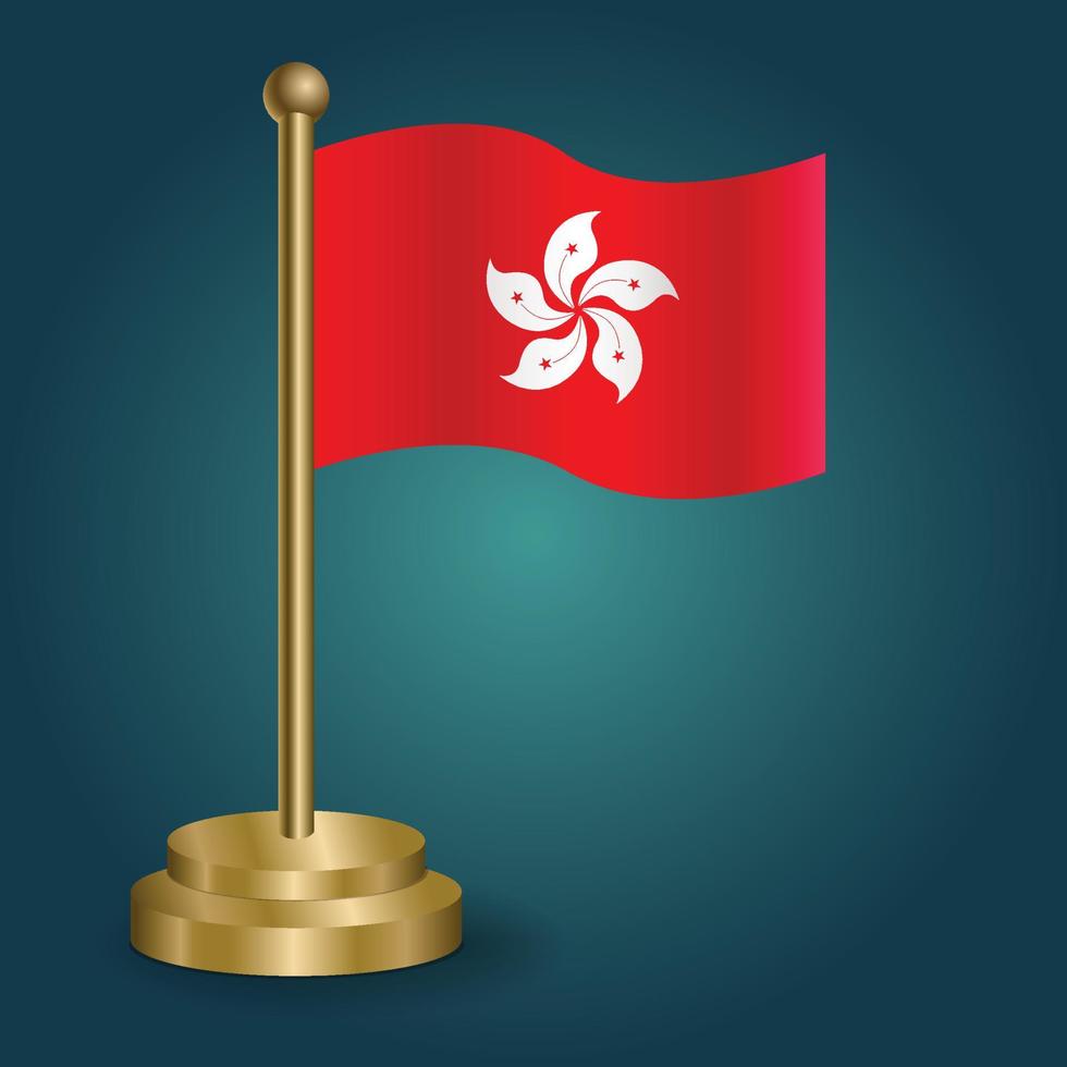 bandeira nacional de hong kong no poste dourado em fundo escuro de gradação isolado. bandeira de mesa, ilustração vetorial vetor