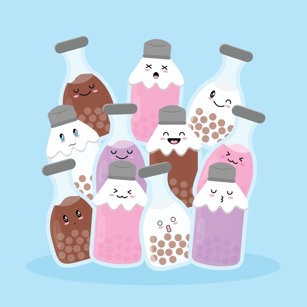 quatro tipos de bebidas boba, como mirtilo, morango, baunilha, sabores de chocolate com estilo doodle. vetor