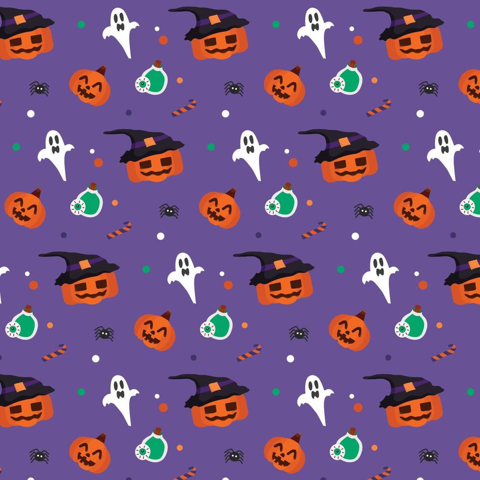 todas as bruxas abóbora de halloween e ilustração de elemento de bruxa no padrão sem emenda de fundo roxo em vetor. fundo de dia das bruxas. vetor