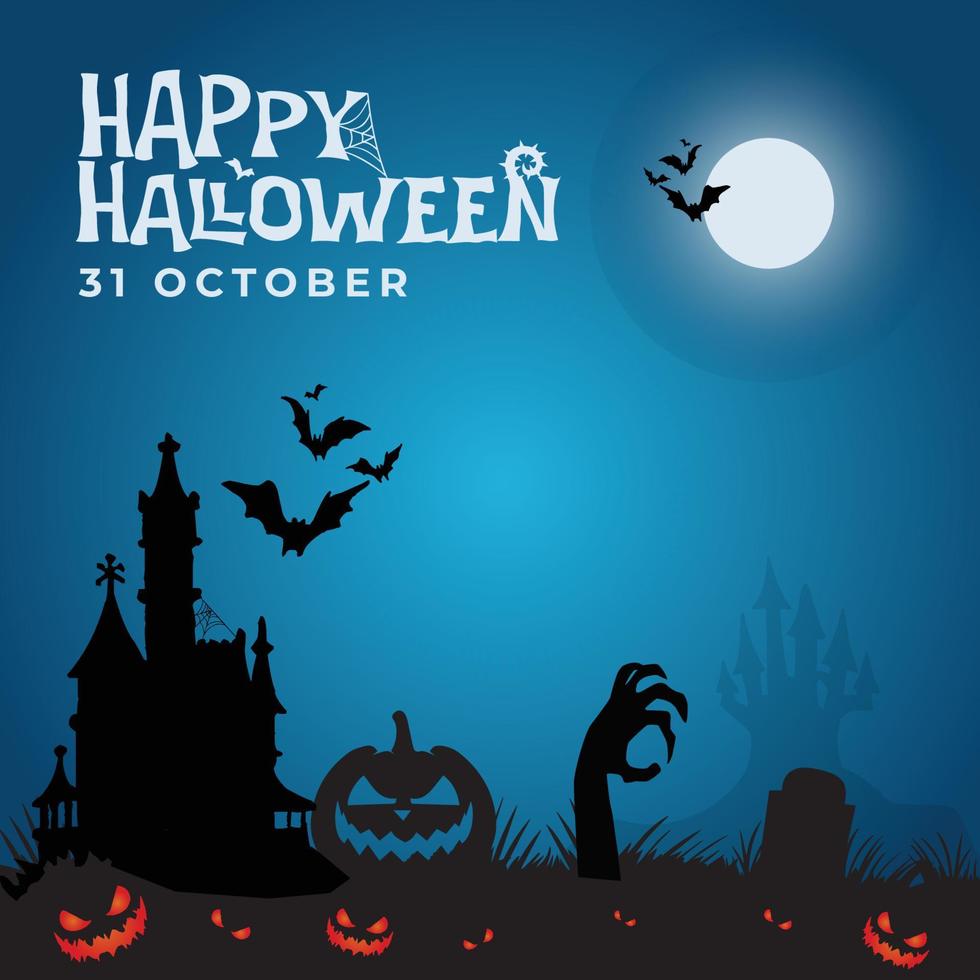 modelo de postagem de horror noturno de halloween com fundo gradiente azul vetor