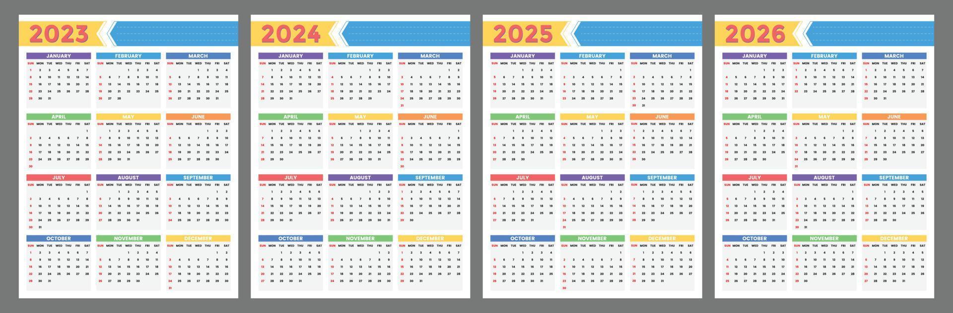 calendário 2023 2024 2025 2026 anos. semana começa no modelo de vetor de domingo