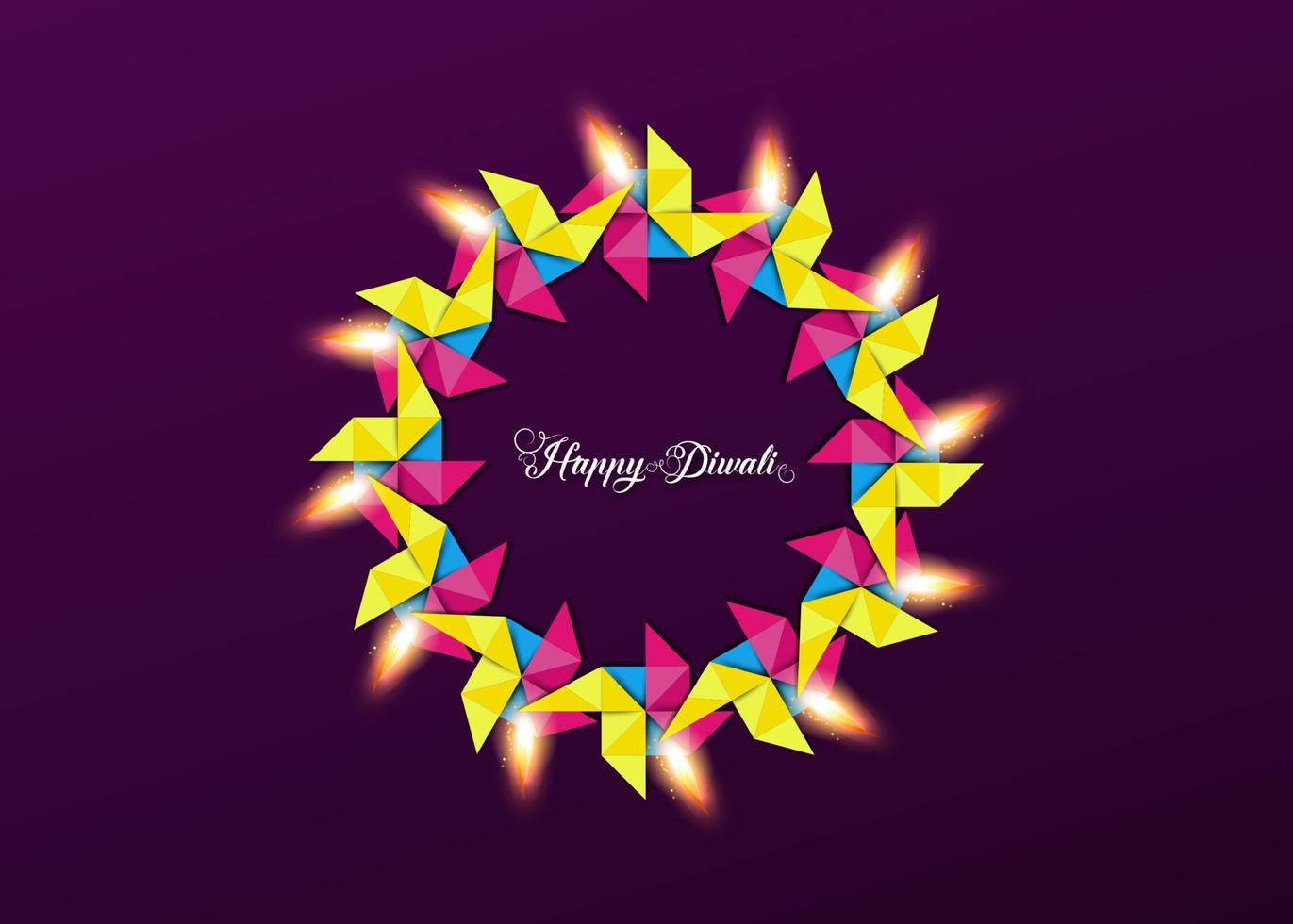 feliz diwali festival de celebração de luzes, modelo colorido, coroa de luzes em papel origami design gráfico de lâmpadas de óleo indianas diya, estilo de arte de banner vetor moderno design plano, fundo roxo