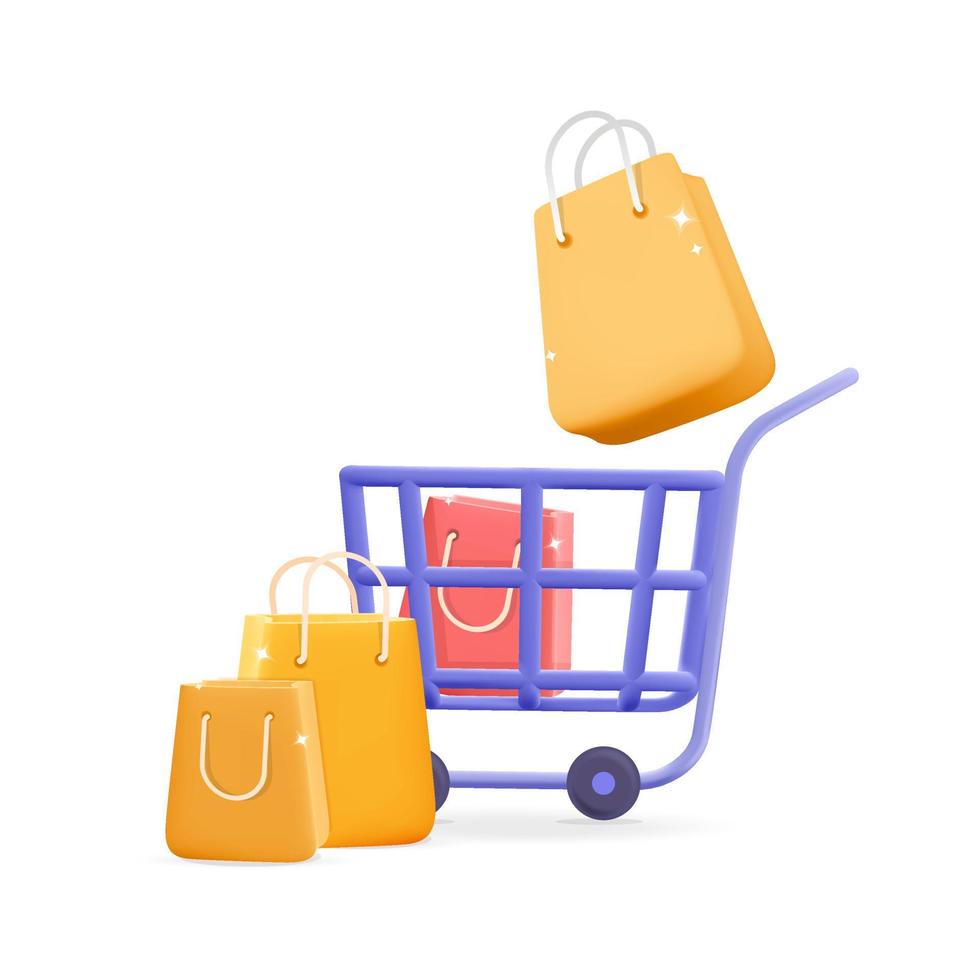 carrinho de compras on-line de vetor 3d com banner de design de ícone de sacos de presente