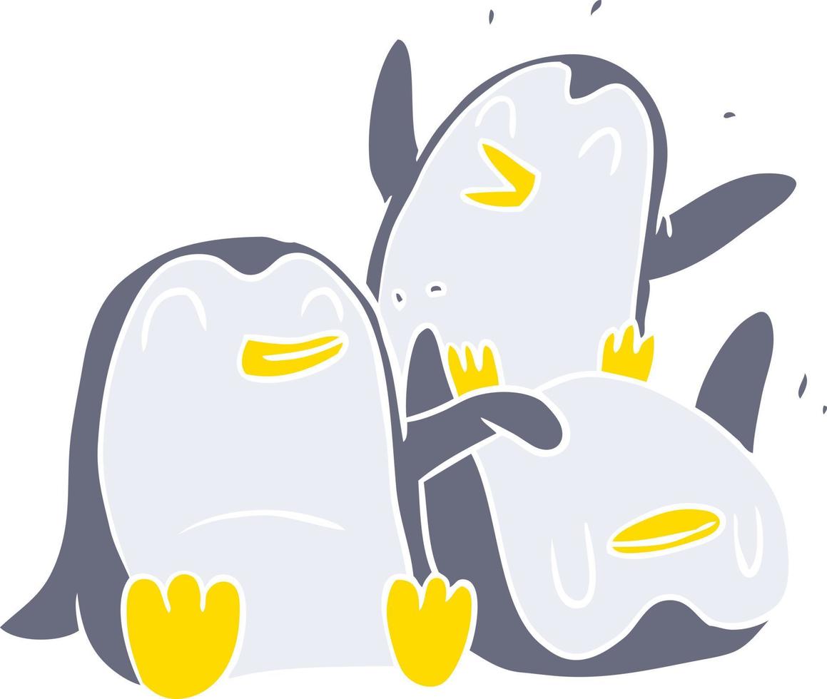 pinguins felizes de desenhos animados de estilo de cor plana vetor