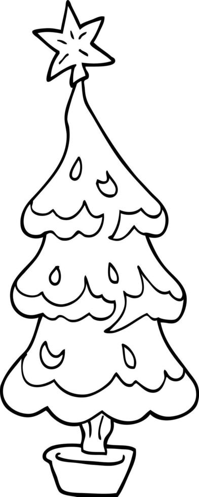 desenho de linha árvore de natal nevada dos desenhos animados vetor