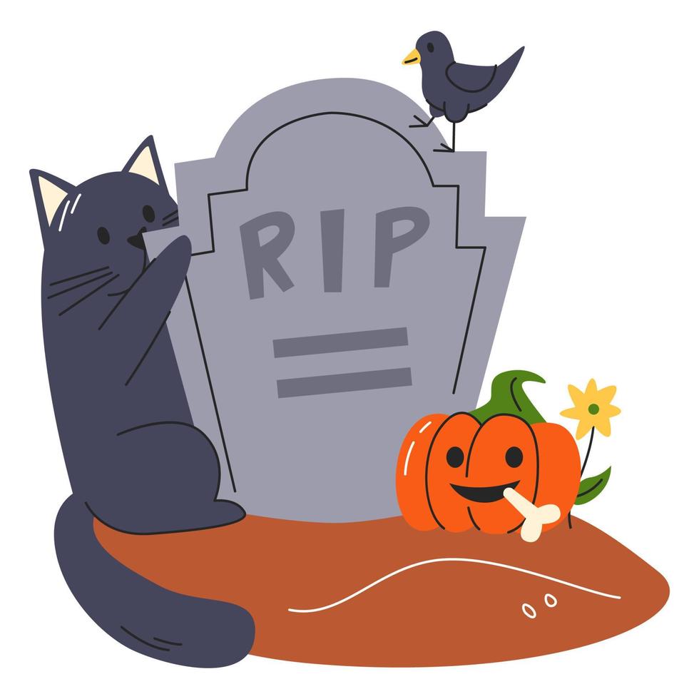 lápide memorial cinza com abóbora de halloween isolada. fofo gato preto ao lado do túmulo com pássaro corvo. lanterna de jack assustador com rosto sorridente do mal e osso humano. ilustração vetorial plana desenhada à mão vetor