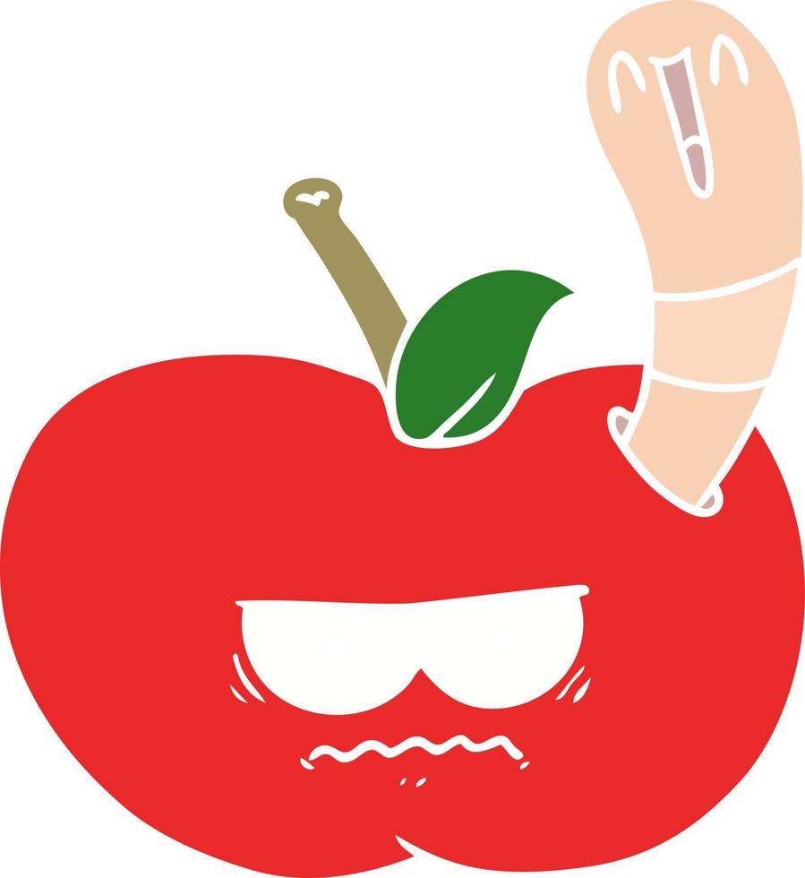 verme de desenho animado de estilo de cor plana comendo uma maçã com raiva vetor