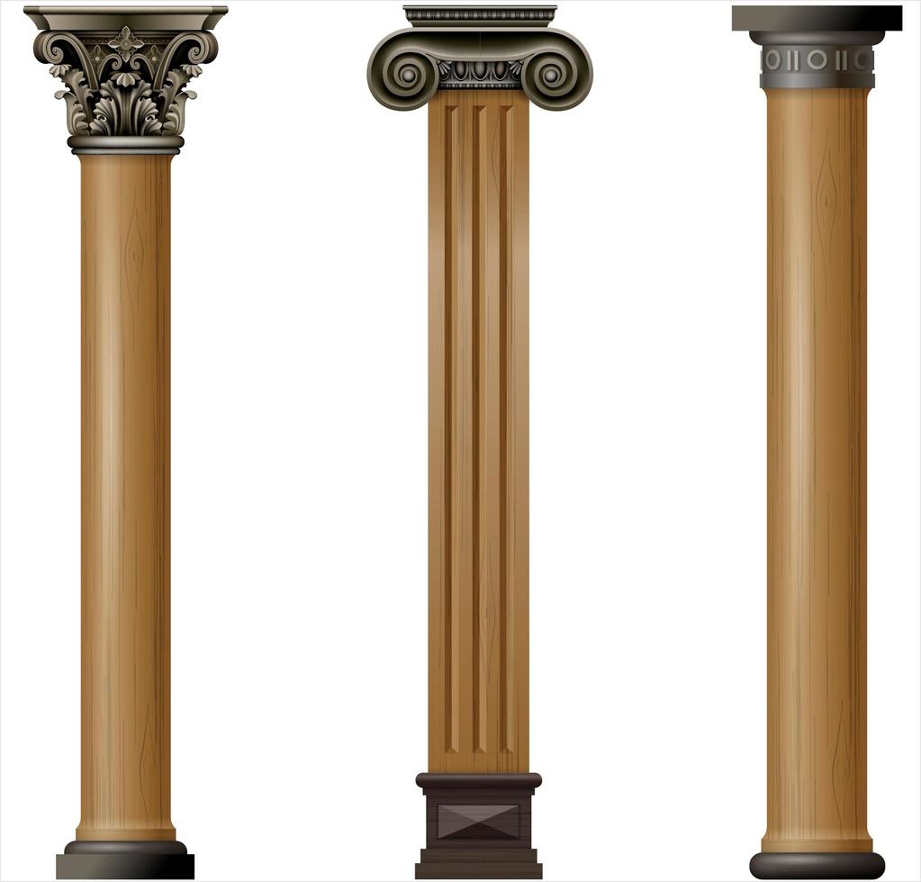 conjunto de colunas de madeira clássicas com detalhes metálicos vetor