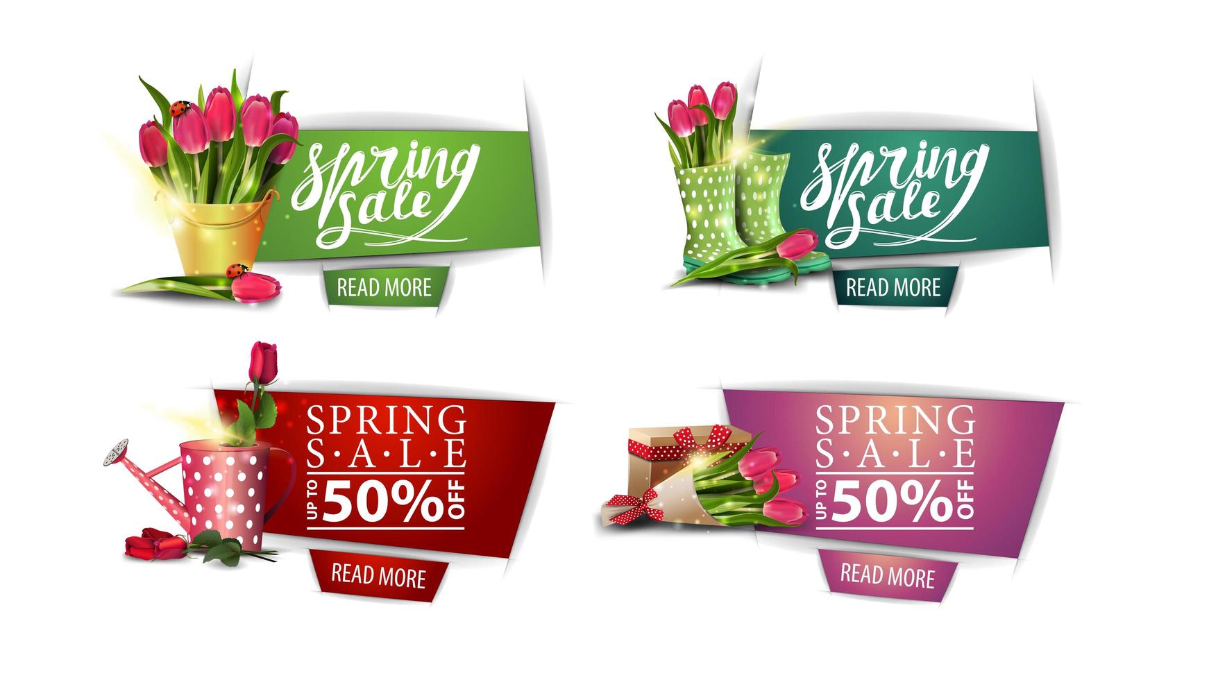 corte de papel banners de venda primavera com flores e botões vetor
