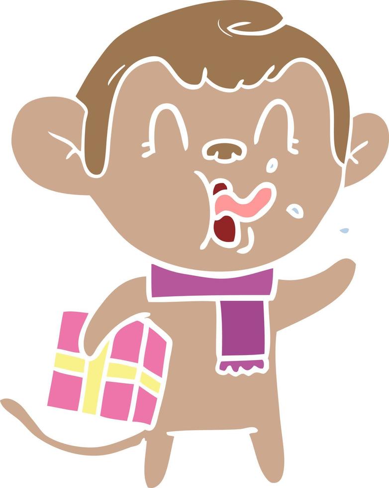 macaco de desenho animado estilo de cor plana louco com presente de natal vetor