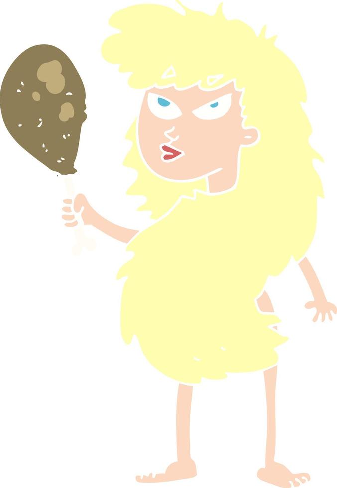 ilustração de cor plana de uma mulher das cavernas de desenho animado com carne vetor