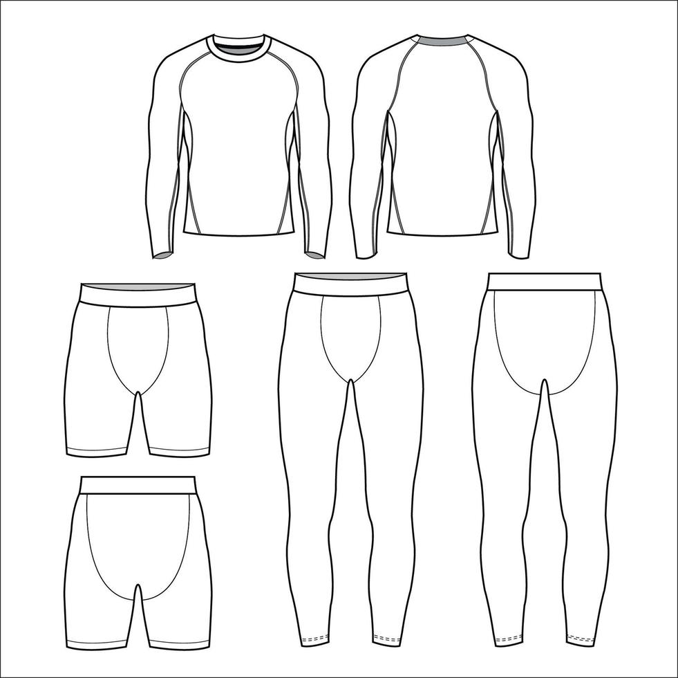 esportes de compressão masculinos usam t-shirt de manga cheia, shorts e leggings esboço vetor