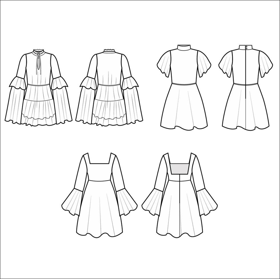 coleção de vestidos curtos femininos manga longa e manga curta vetor