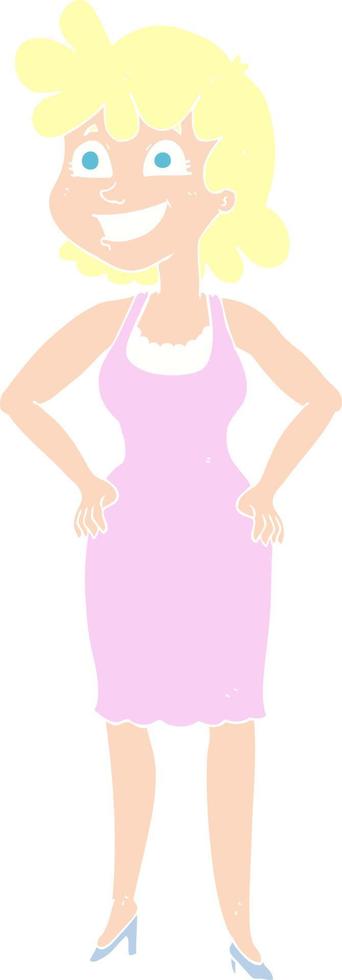 ilustração de cor plana de uma mulher feliz de desenho animado usando vestido vetor
