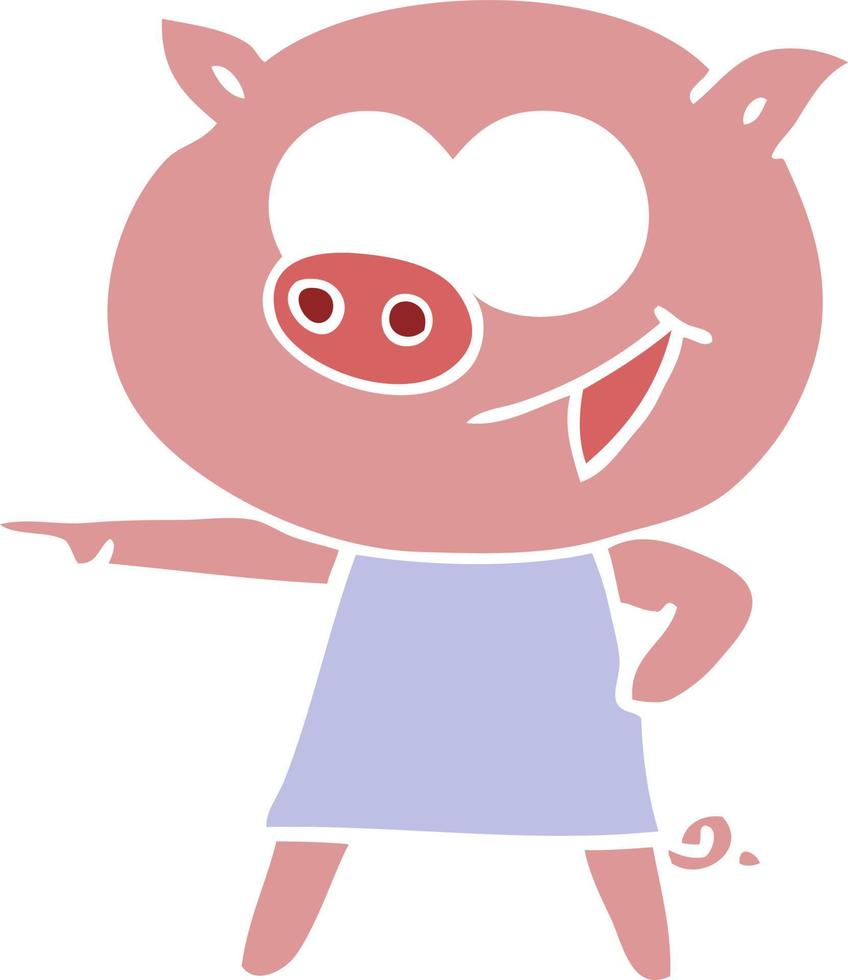 porco alegre no vestido apontando desenho de estilo de cor lisa vetor