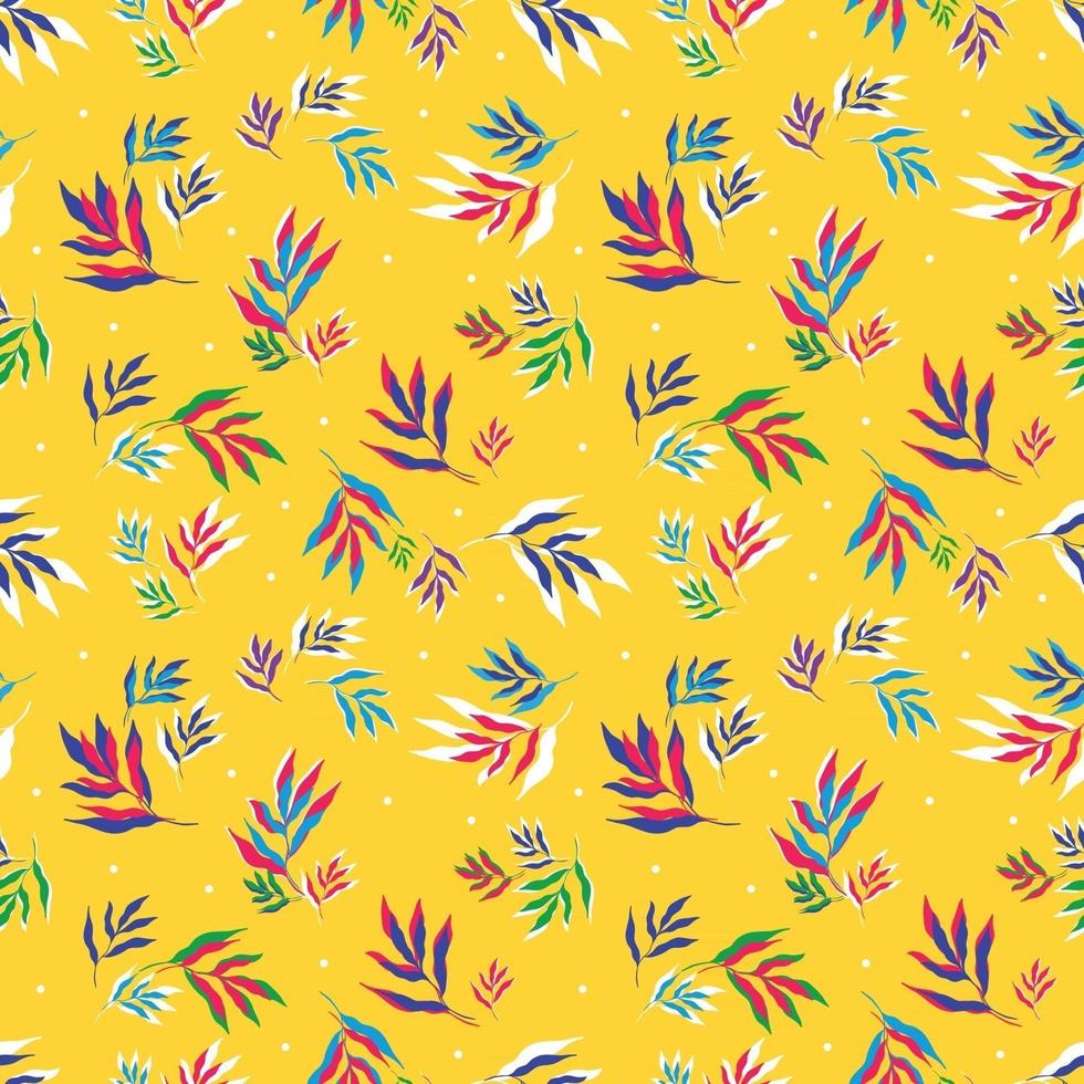 ilustração vetorial de folhas multicoloridas brilhantes de plantas tropicais formando um padrão perfeito em fundo amarelo vetor