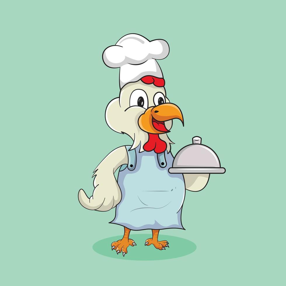 chef de frango está trazendo comida. vetor de mascote fofo