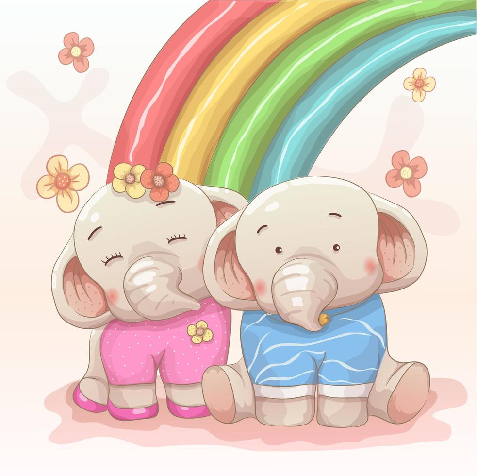 elefante fofo casal apaixonado por arco-íris vetor