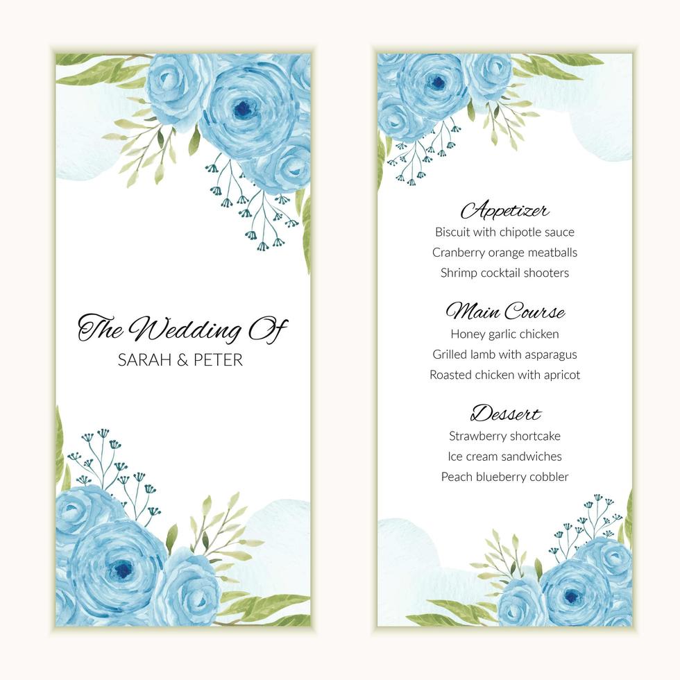 cartão de menu de casamento com moldura aquarela azul rosa flor vetor