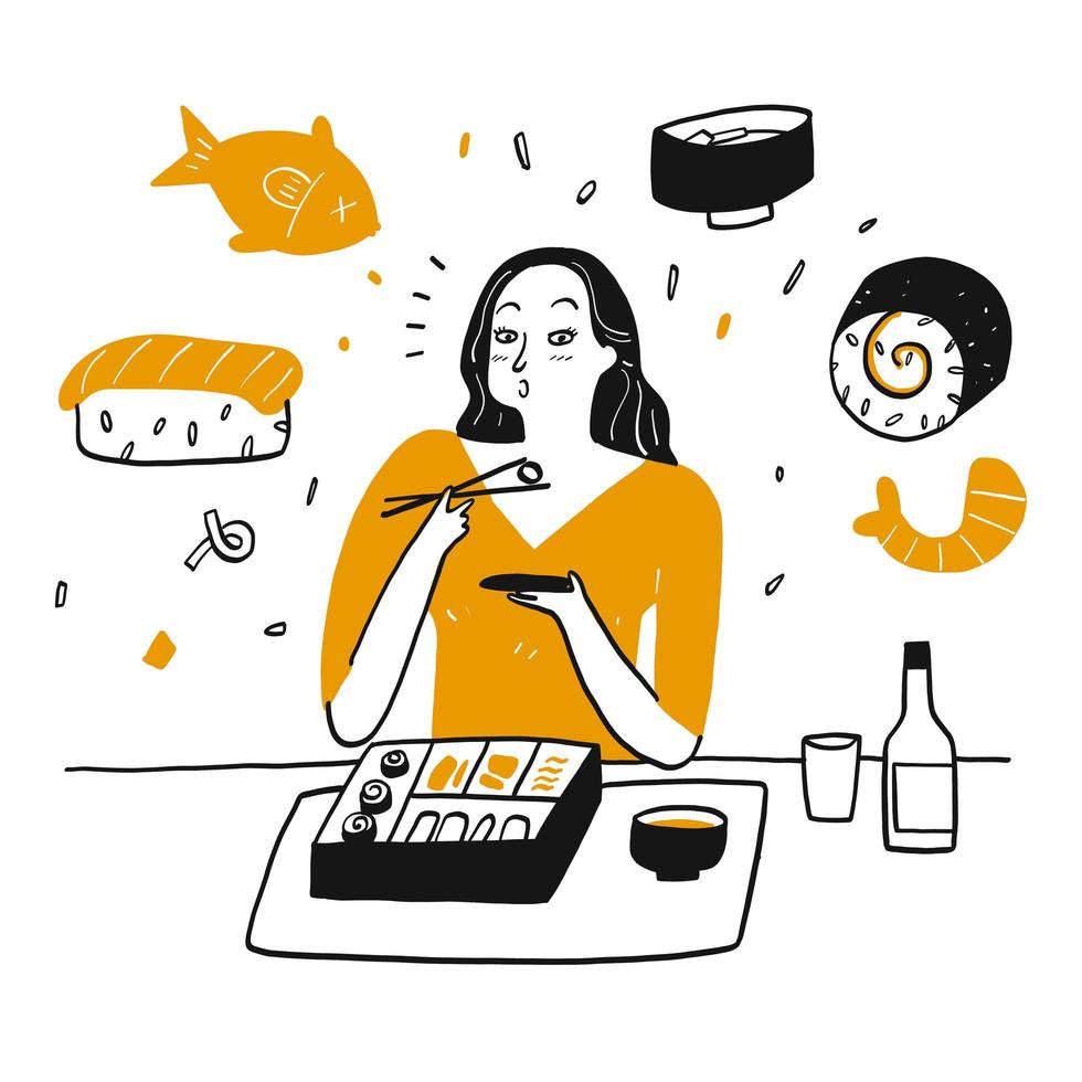 mulher desenhada mão feliz comendo sushi vetor