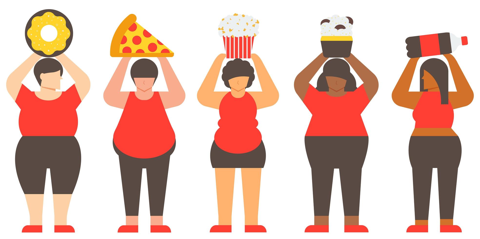 conceito de diversidade de mulheres obesas e junk food vetor