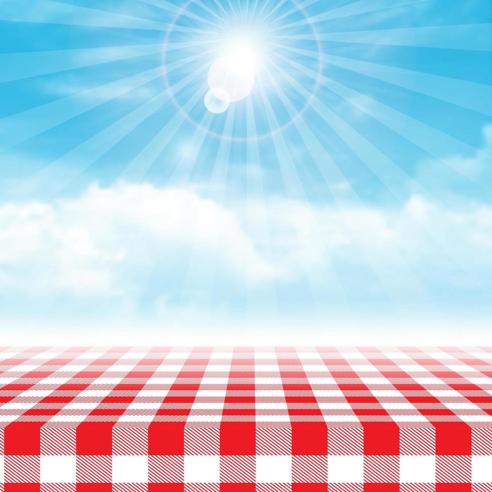 mesa de piquenique de guingão contra o céu azul nublado vetor