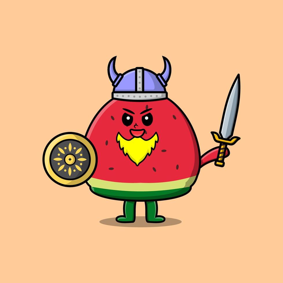 bonito desenho animado melancia pirata viking segura espada vetor
