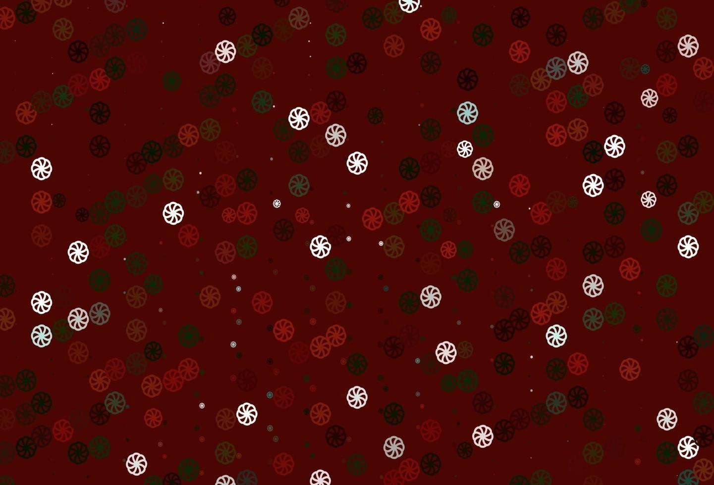 fundo vector verde e vermelho claro com flocos de neve de Natal.