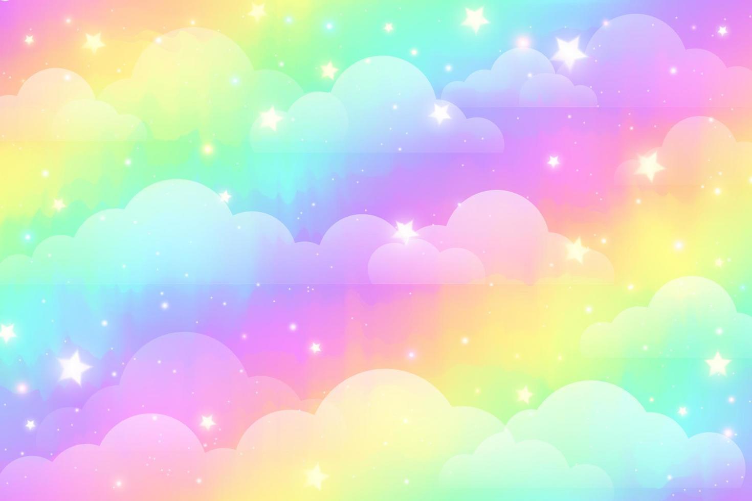 fundo de unicórnio arco-íris com nuvens e estrelas. céu de cor pastel. paisagem mágica, padrão fabuloso abstrato. papel de parede de doces fofos. vetor. vetor