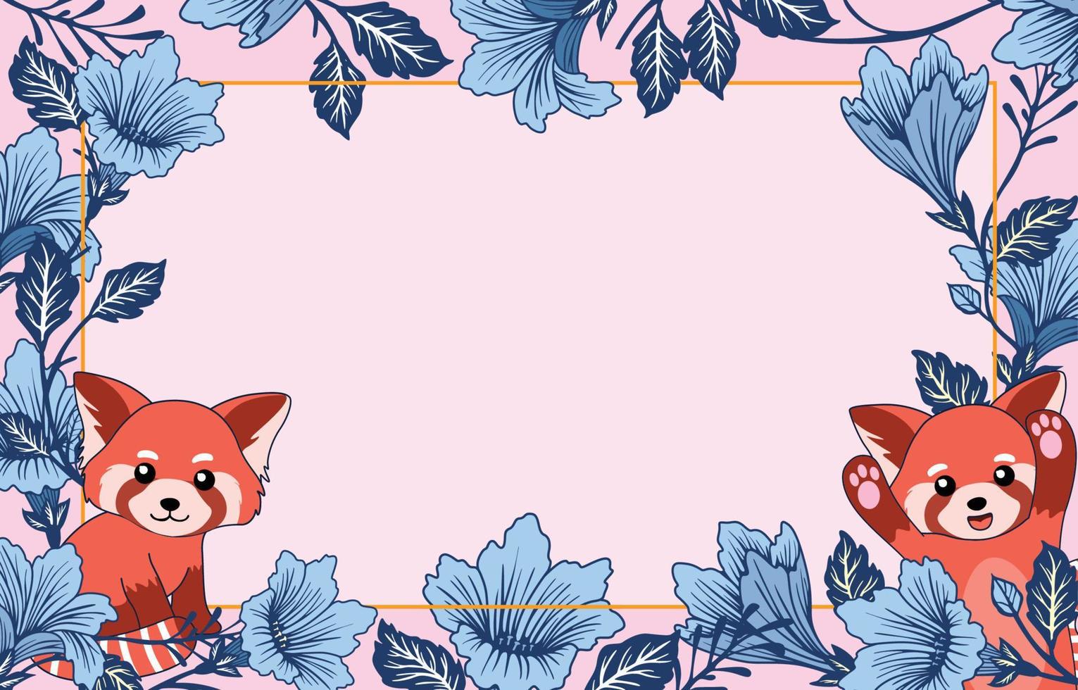 fundo de fronteira com panda vermelho e flores azuis vetor