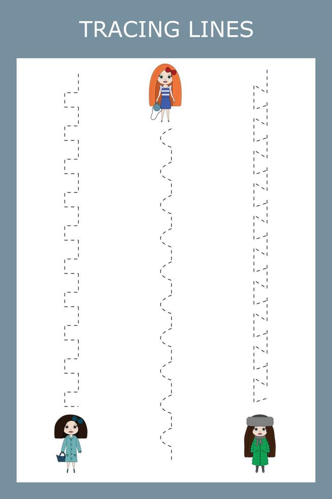 planilha de linha de rastreamento com meninas, bonecas para crianças, praticando habilidades motoras finas. jogo educativo para crianças pré-escolares. vetor