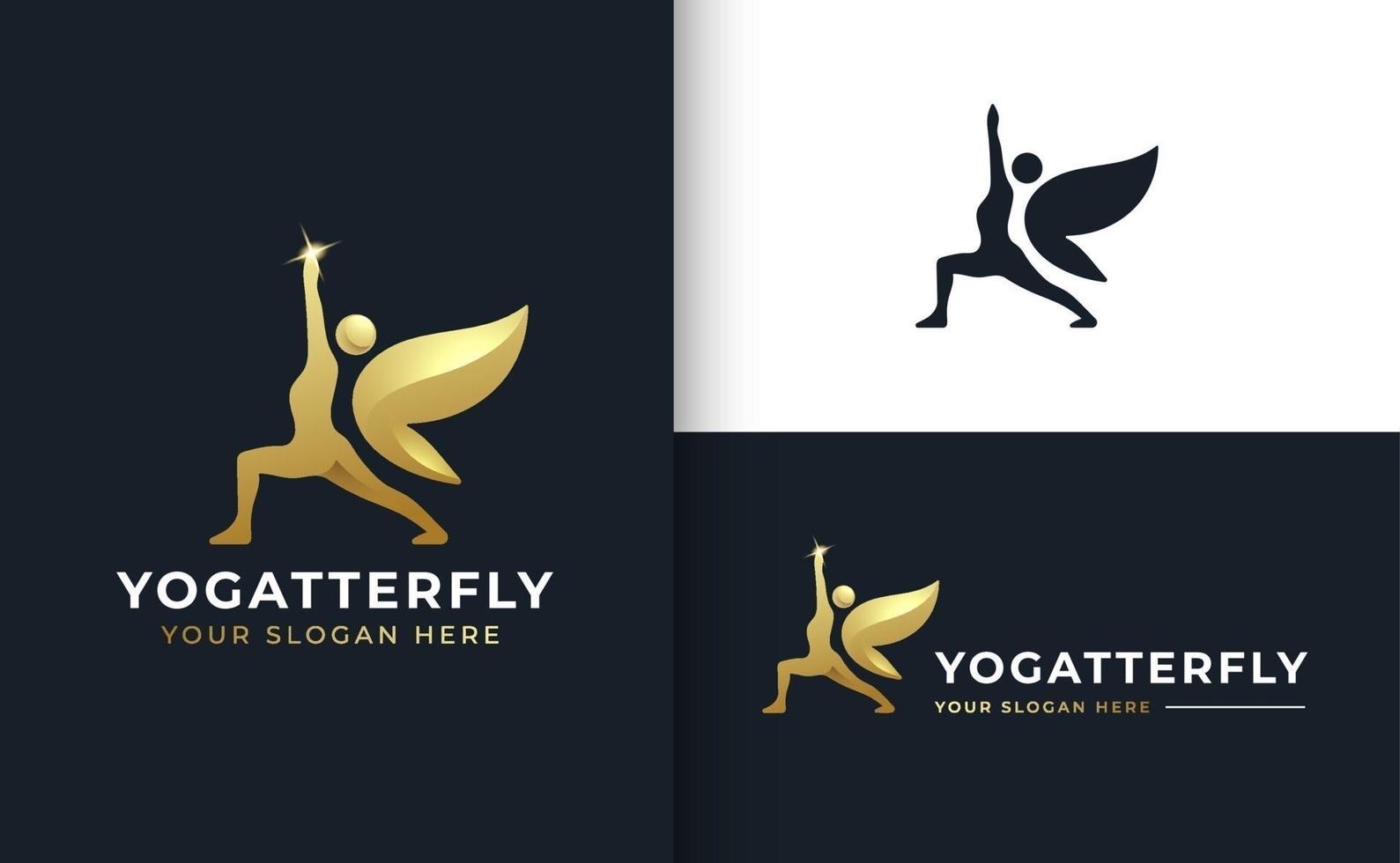 pose de ioga de ouro e design de logotipo de borboleta vetor