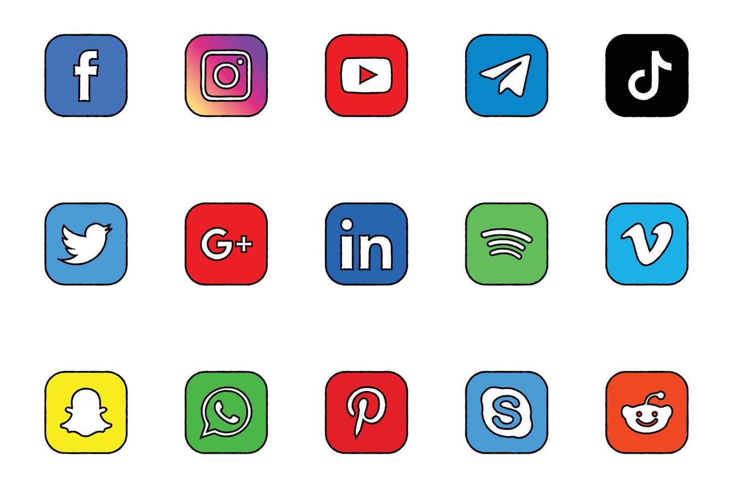 coleção de ícones populares de mídia social desenhada à mão. facebook, youtube, tiktok, telegrama, whatsapp, skype vetor