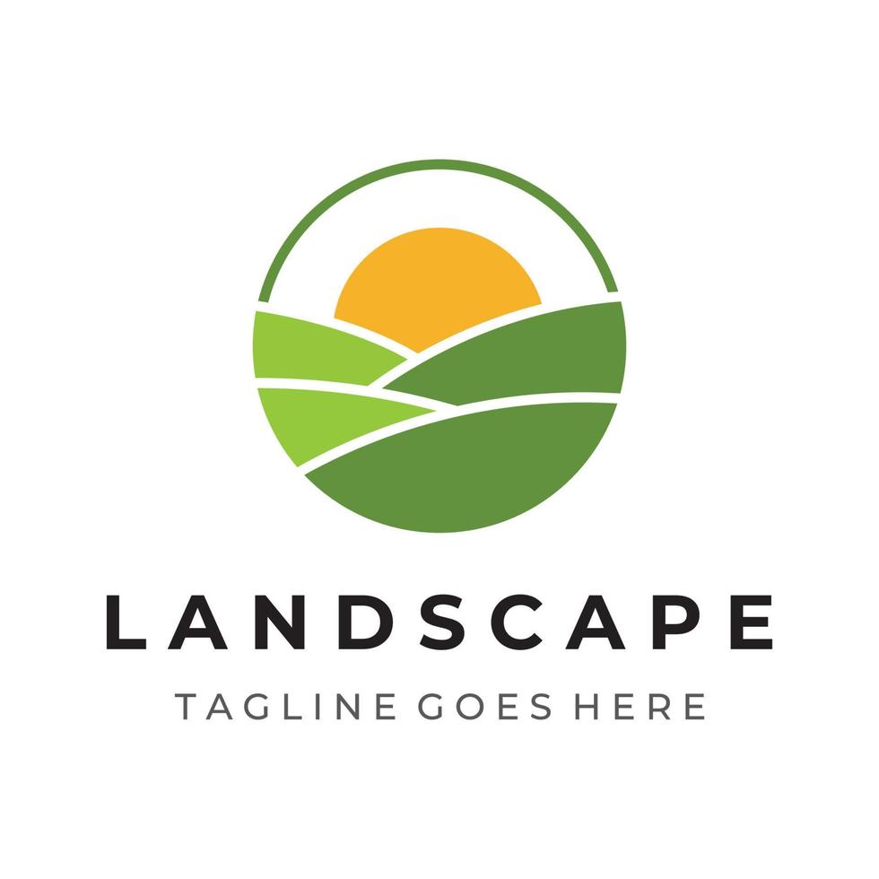 design de modelo criativo de logotipo de paisagem verde com terras agrícolas ou plantações e hills.logo para produtos naturais e agrícolas. vetor