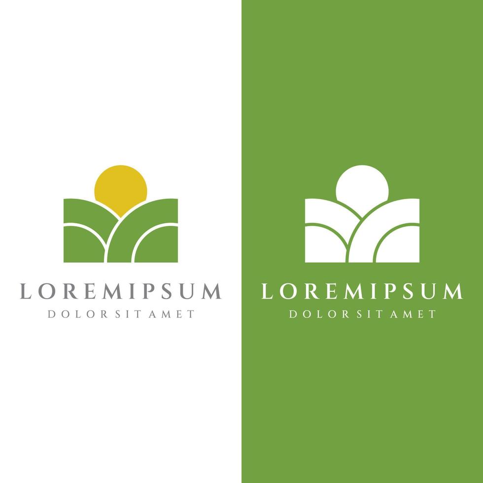 design de modelo criativo de logotipo de paisagem verde com terras agrícolas ou plantações e hills.logo para produtos naturais e agrícolas. vetor