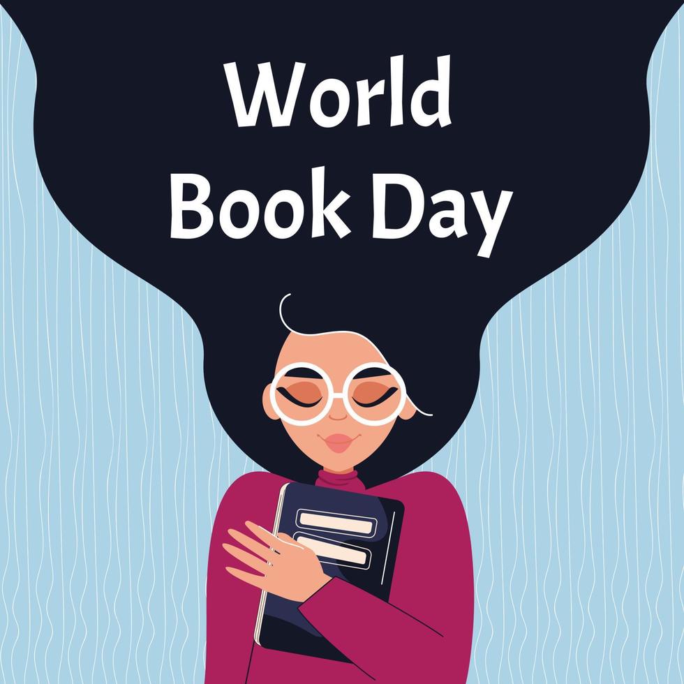 cartaz do dia mundial do livro. menina abraçando livro. conceito de leitura, desenvolvimento, educação. ilustração em vetor plana.