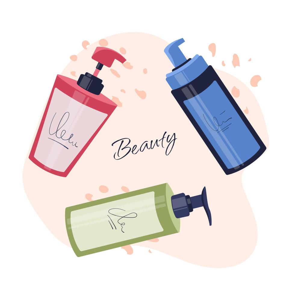 garrafas cosméticas no fundo da planta. conceito de ferramentas de beleza e cuidados com a pele, spray, eco, limpador. ilustração em vetor plana.