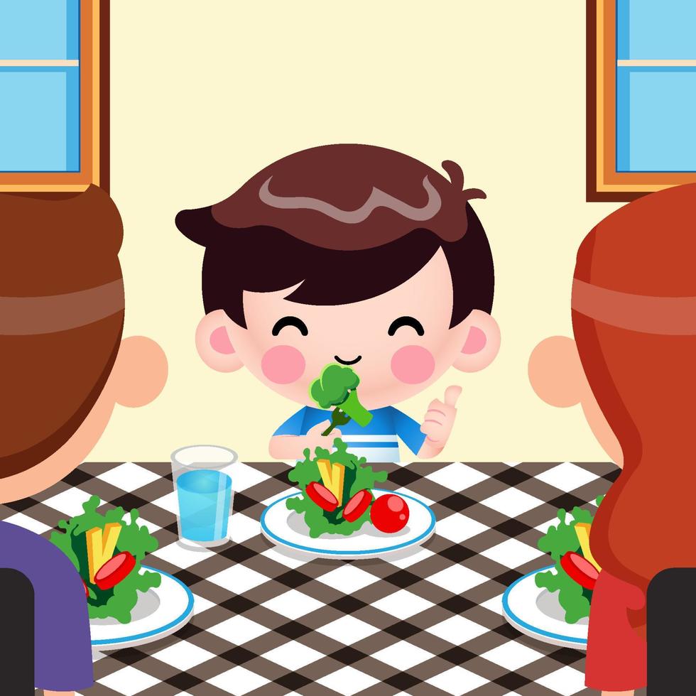 desenho animado menino bonitinho gosta de comer legumes e os pais o apreciaram vetor
